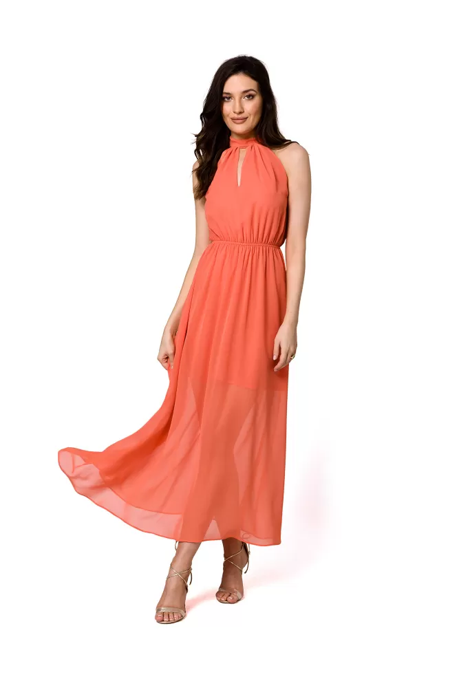 K169 Sukienka szyfonowa maxi wiązana wokół szyi - pomarańczowa