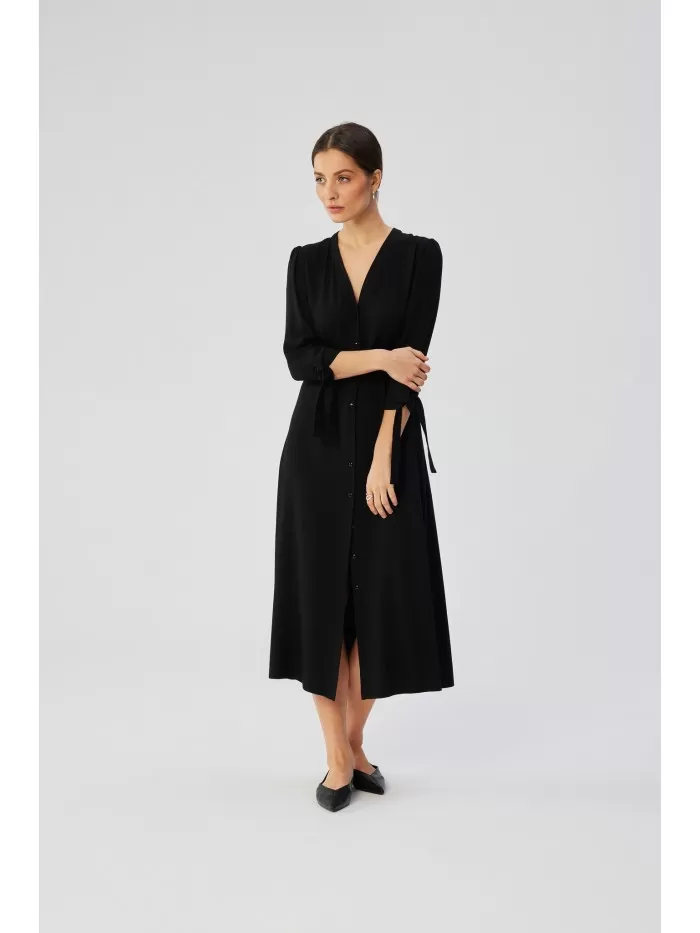 S365 Sukienka midi z wiązanymi mankietami - czarna
