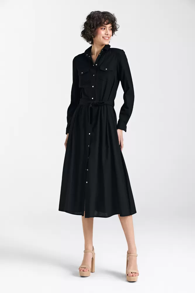 Sukienka lniana, zapinana na napy - czarny - S241