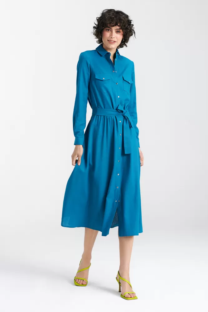 Sukienka lniana, zapinana na napy - niebieski - S241